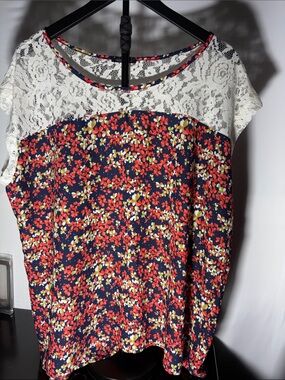 Papermoon Navy Floral Lace-Yoke Blouse with Red & Yellow Accents